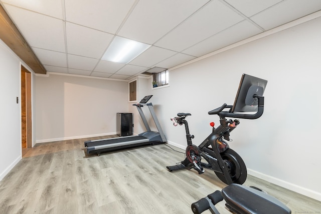 46 Glenbrook Rd, West Hartford, CT 06107 - workout area featuring a paneled ceiling, wood finished floors, and baseboards