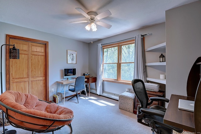 7 Stonegate Rd, East Hampton, CT 06424 - carpeted home office featuring a baseboard radiator and ceiling fan