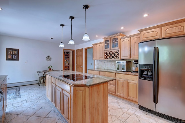 7 Stonegate Rd, East Hampton, CT 06424 - kitchen featuring stainless steel refrigerator with ice dispenser, baseboard heating, black electric stovetop, stone tile flooring, and light stone counters