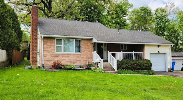 view of front facade with an attached garage, a chimney, roof with shingles, stone siding, and asphalt driveway