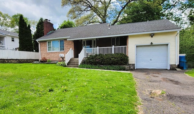 ranch-style house featuring covered porch, driveway, a chimney, an attached garage, and a shingled roof