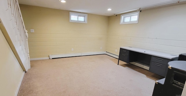 home office with recessed lighting, light colored carpet, baseboards, and a baseboard radiator