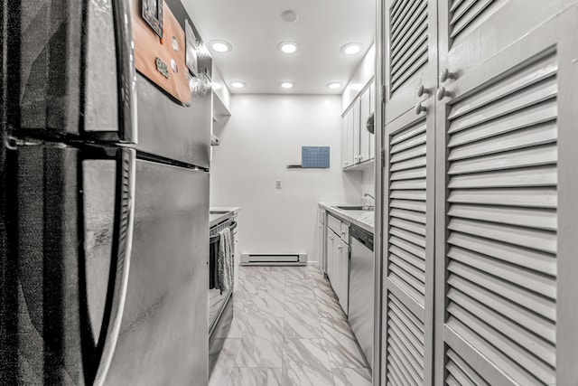 173 Kennedy Dr Unit 173, Bridgeport, CT 06606 - kitchen with freestanding refrigerator, light marble finish floors, range, dishwasher, and recessed lighting