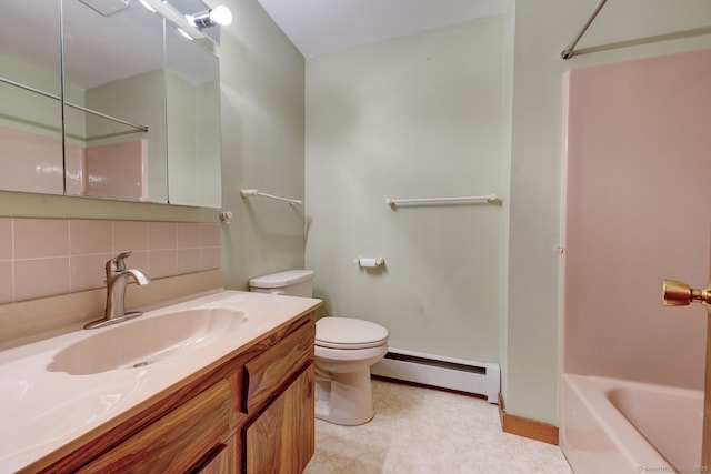 full bathroom featuring a baseboard heating unit, tasteful backsplash, toilet, vanity, and tile patterned floors