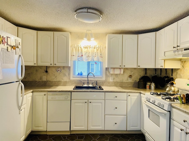 91 Shawnee Rd, East Hartford, CT 06118 - kitchen featuring white appliances, a sink, under cabinet range hood, white cabinets, and a textured ceiling