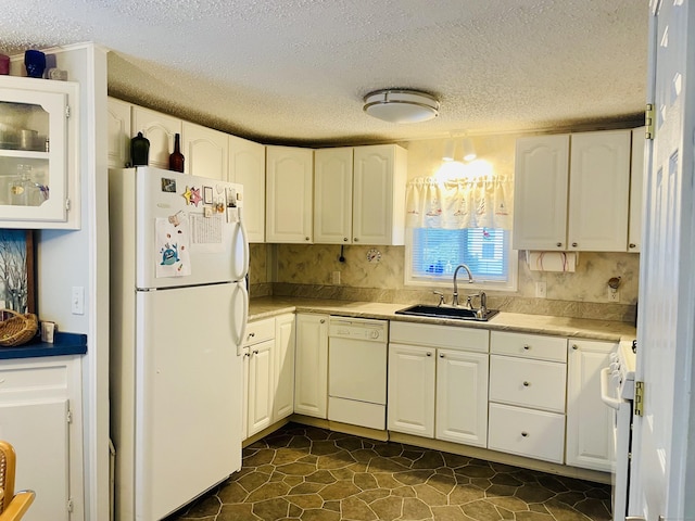 91 Shawnee Rd, East Hartford, CT 06118 - kitchen featuring white appliances, a sink, a textured ceiling, white cabinetry, and light countertops