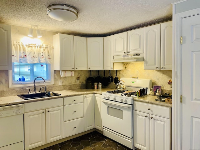 91 Shawnee Rd, East Hartford, CT 06118 - kitchen featuring white appliances, a sink, under cabinet range hood, a textured ceiling, and white cabinets