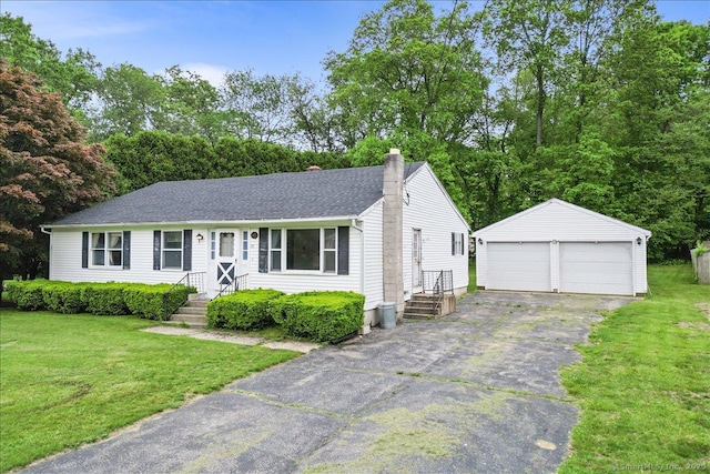 20 Cedar Ln, Norwich, CT 06360 - view of front of property with an outdoor structure, a detached garage, a chimney, a front lawn, and a shingled roof