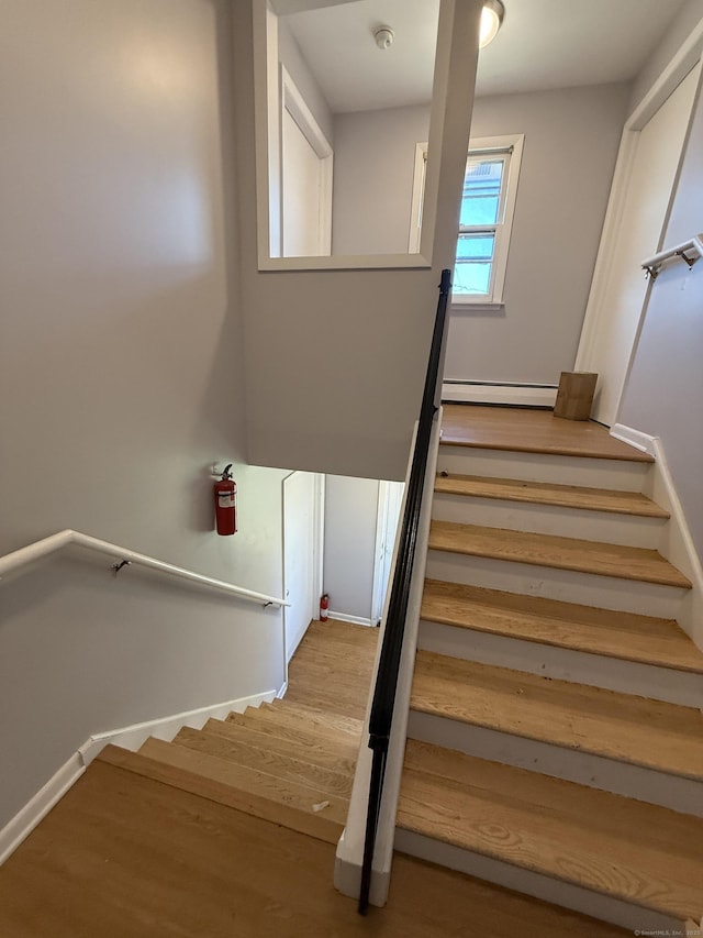 74 Saltonstall Ave, New Haven, CT 06513 - stairs with a baseboard radiator, wood finished floors, and baseboards