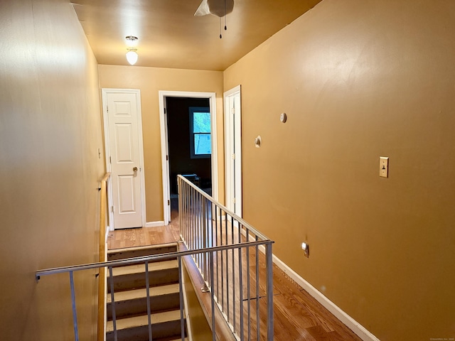 staircase featuring wood finished floors and baseboards