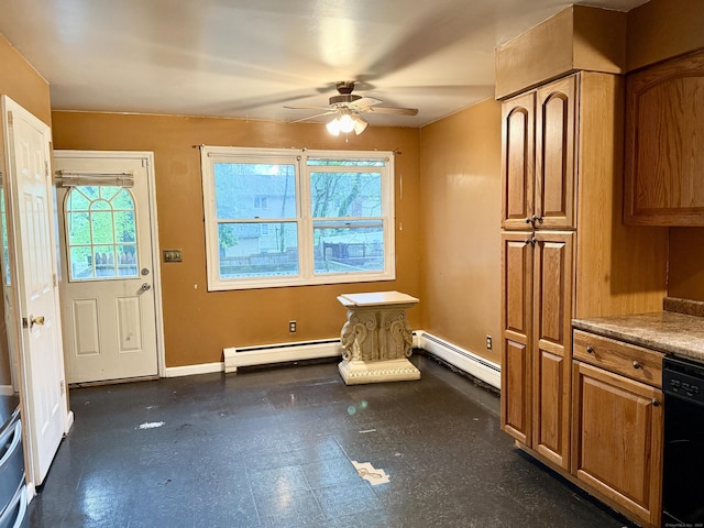 kitchen with a baseboard heating unit, dishwasher, a baseboard radiator, a ceiling fan, and brown cabinetry