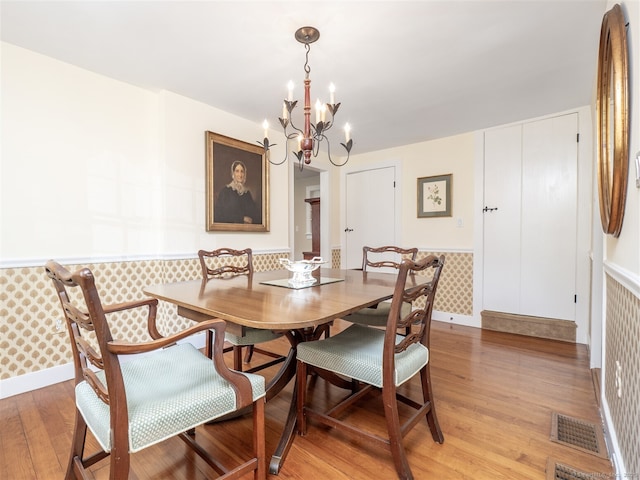 61 Nod Hill Rd, Wilton, CT 06897 - dining space featuring light wood-type flooring, a wainscoted wall, a chandelier, wallpapered walls, and baseboards