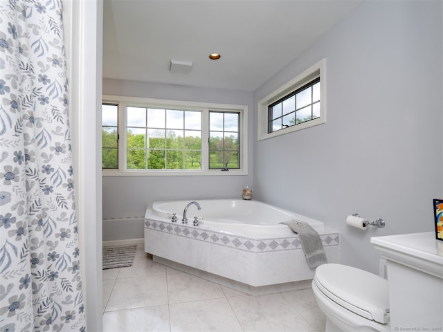 61 Nod Hill Rd, Wilton, CT 06897 - bathroom with toilet, a bath, a shower with shower curtain, baseboards, and recessed lighting