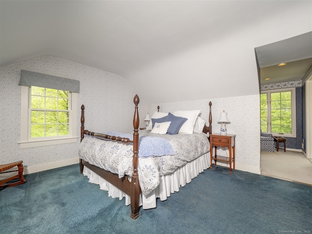 61 Nod Hill Rd, Wilton, CT 06897 - bedroom with lofted ceiling, carpet flooring, baseboards, and wallpapered walls