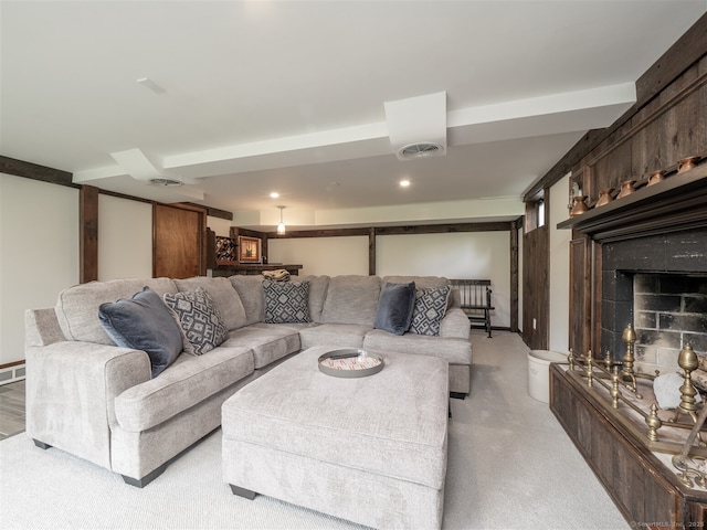 61 Nod Hill Rd, Wilton, CT 06897 - living area featuring a fireplace and light carpet