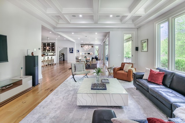 6 Spectacle Ln, Ridgefield, CT 06877 - living room featuring plenty of natural light, light wood-style flooring, beam ceiling, coffered ceiling, and recessed lighting