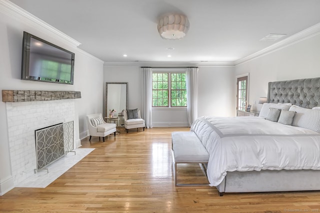 6 Spectacle Ln, Ridgefield, CT 06877 - bedroom featuring ornamental molding, light wood-style floors, baseboards, a fireplace, and recessed lighting