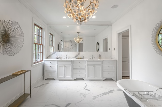 6 Spectacle Ln, Ridgefield, CT 06877 - full bathroom featuring a chandelier, marble tiled flooring, a freestanding bath, double vanity, and crown molding