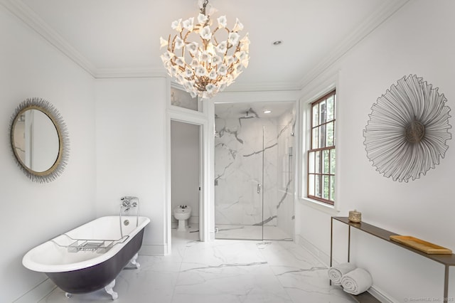 6 Spectacle Ln, Ridgefield, CT 06877 - bathroom with marble finish floors, a marble finish shower, a chandelier, crown molding, and toilet