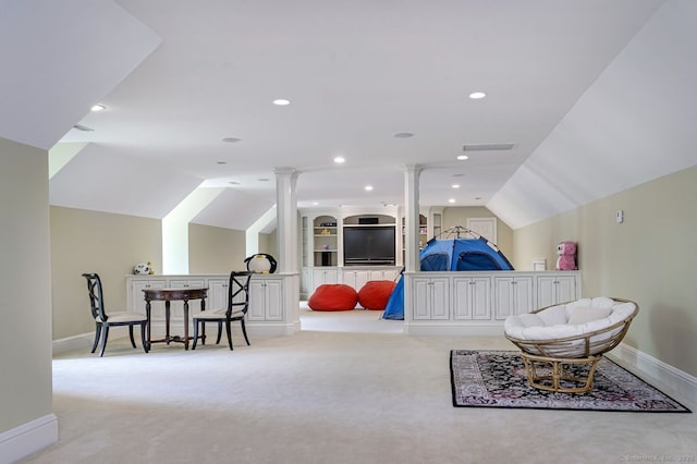 6 Spectacle Ln, Ridgefield, CT 06877 - bonus room with ornate columns, carpet flooring, baseboards, vaulted ceiling, and recessed lighting
