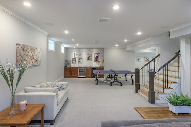 6 Spectacle Ln, Ridgefield, CT 06877 - living room featuring beverage cooler, crown molding, wet bar, recessed lighting, and stairway