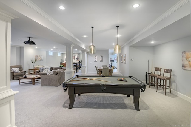 6 Spectacle Ln, Ridgefield, CT 06877 - playroom featuring light carpet, recessed lighting, pool table, crown molding, and ornate columns