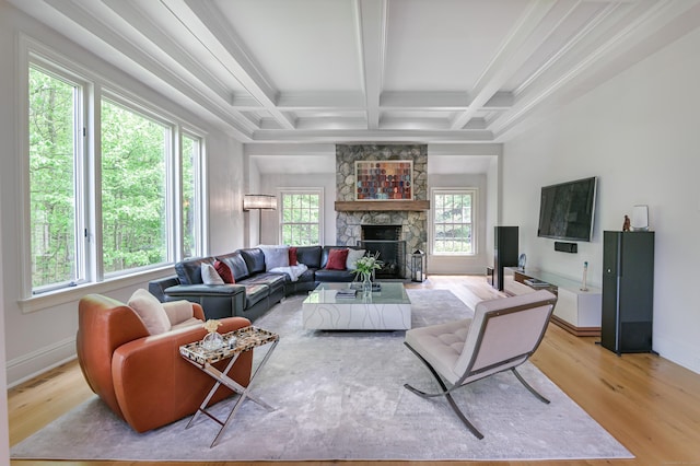 6 Spectacle Ln, Ridgefield, CT 06877 - living room with healthy amount of natural light, beamed ceiling, light wood-type flooring, a fireplace, and coffered ceiling
