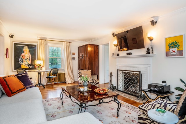 341 Quaker Ln N, West Hartford, CT 06119 - living room featuring crown molding, wood finished floors, a fireplace, and radiator heating unit
