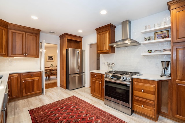 341 Quaker Ln N, West Hartford, CT 06119 - kitchen with appliances with stainless steel finishes, wall chimney range hood, open shelves, light countertops, and recessed lighting