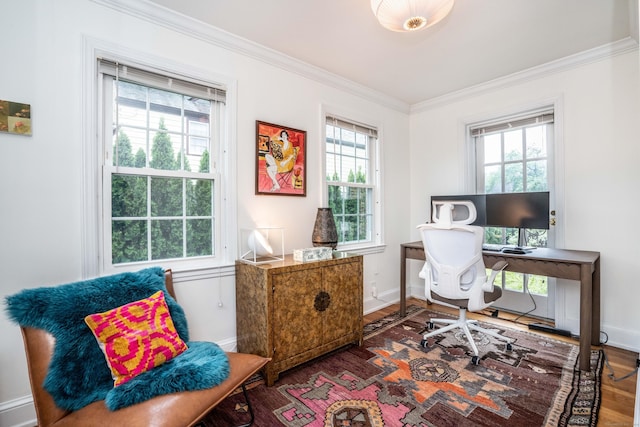341 Quaker Ln N, West Hartford, CT 06119 - office area featuring ornamental molding, baseboards, and wood finished floors