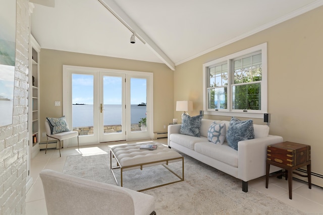 tiled living room featuring a baseboard radiator, a water view, lofted ceiling, and crown molding