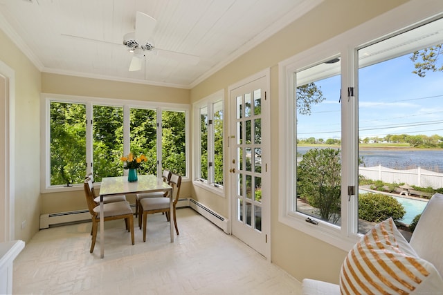sunroom with a baseboard heating unit, french doors, plenty of natural light, a water view, and ornamental molding
