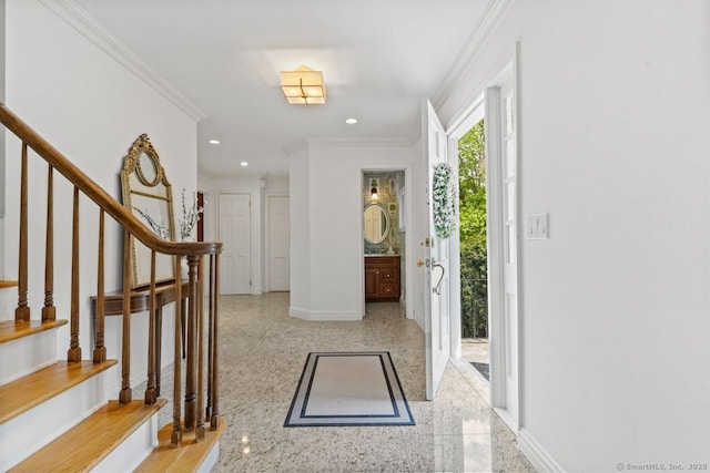 24 Lawrence Hill Rd, Stamford, CT 06903 - foyer entrance with baseboards, crown molding, stairway, and recessed lighting