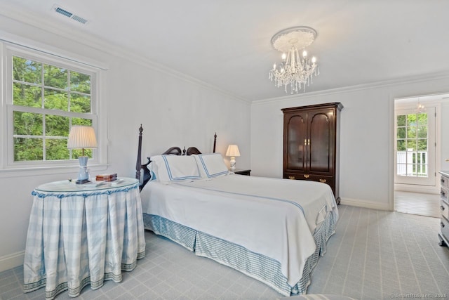 24 Lawrence Hill Rd, Stamford, CT 06903 - bedroom with multiple windows, baseboards, crown molding, a chandelier, and light carpet