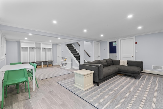 94 Glen Dr, New Canaan, CT 06840 - living area featuring stairs, light wood-type flooring, recessed lighting, and baseboards