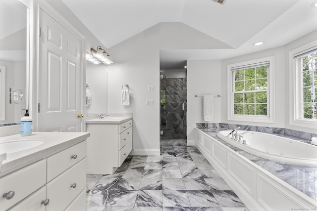 94 Glen Dr, New Canaan, CT 06840 - full bath featuring a stall shower, marble finish floors, vaulted ceiling, two vanities, and a jetted tub