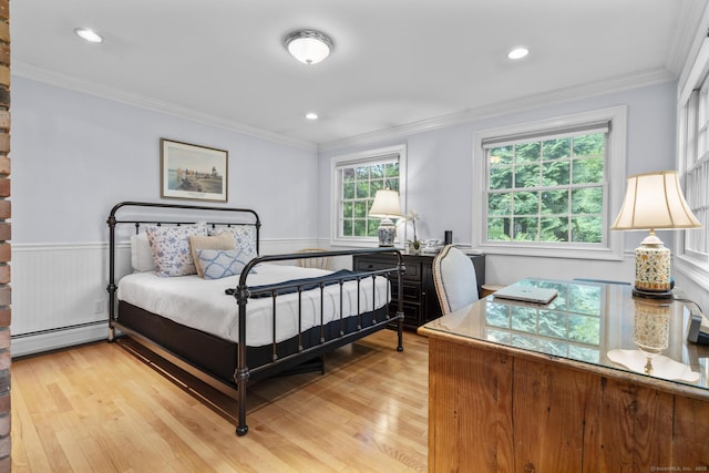 94 Glen Dr, New Canaan, CT 06840 - bedroom featuring a baseboard radiator, light wood-type flooring, a wainscoted wall, crown molding, and recessed lighting