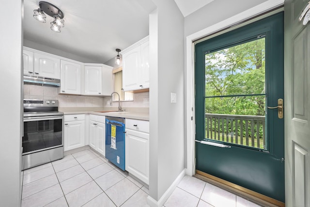 1400 Meriden Rd Apt 1-2, Waterbury, CT 06705 - kitchen featuring electric range, dishwasher, under cabinet range hood, a sink, and light tile patterned floors