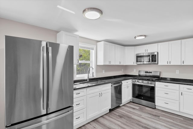 kitchen with stainless steel appliances, a sink, and white cabinetry
