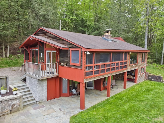 6 Knorr Rd, Oxford, CT 06478 - rustic home with a patio, a front lawn, roof with shingles, stairs, and a chimney