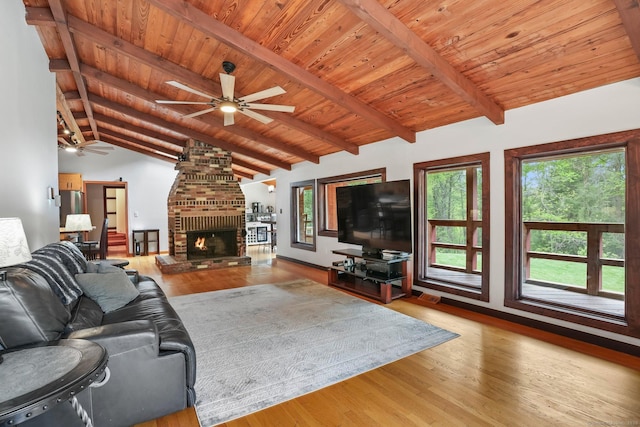 6 Knorr Rd, Oxford, CT 06478 - living area featuring ceiling fan, wooden ceiling, wood finished floors, a brick fireplace, and baseboards