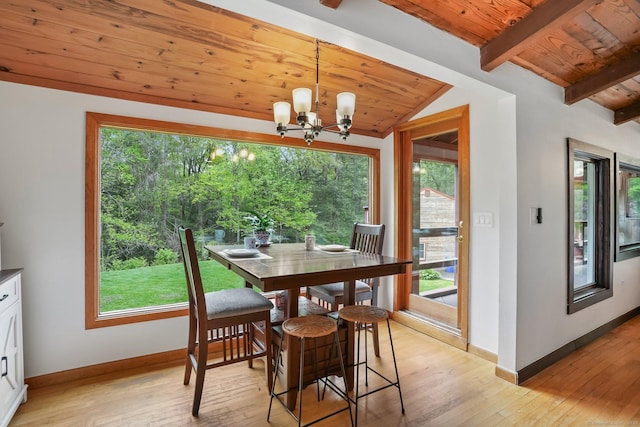 6 Knorr Rd, Oxford, CT 06478 - dining area with wood ceiling, healthy amount of natural light, a chandelier, and light wood-style floors