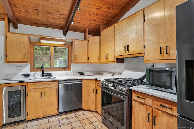6 Knorr Rd, Oxford, CT 06478 - kitchen with beverage cooler, appliances with stainless steel finishes, rail lighting, wood ceiling, and a sink