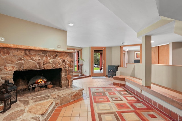 6 Knorr Rd, Oxford, CT 06478 - living area with a stone fireplace and tile patterned flooring