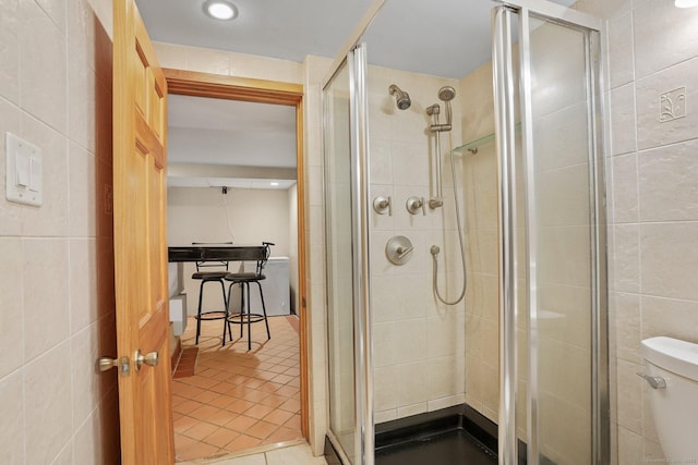 6 Knorr Rd, Oxford, CT 06478 - full bath with tile walls, a shower stall, tile patterned floors, and toilet