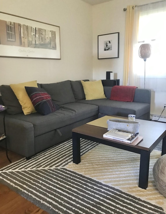 245 Unquowa Rd Apt 127, Fairfield, CT 06824 - living room with wood finished floors and a baseboard radiator