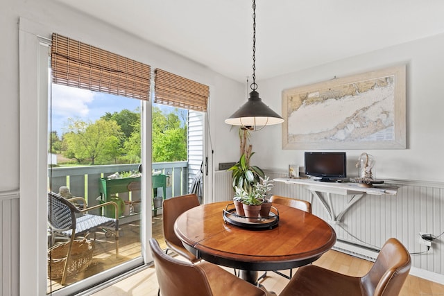 18 Hamre Ln Unit B, Branford, CT 06405 - dining space featuring a wainscoted wall, a baseboard heating unit, and wood finished floors