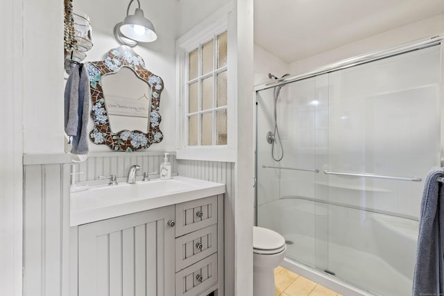 18 Hamre Ln Unit B, Branford, CT 06405 - bathroom featuring a shower stall, toilet, vanity, and tile patterned flooring