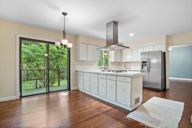 61 Stony Brook Rd, Middlebury, CT 06762 - kitchen with stainless steel fridge with ice dispenser, island exhaust hood, a peninsula, light countertops, and white cabinets