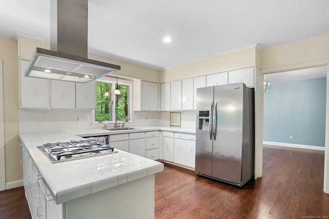 61 Stony Brook Rd, Middlebury, CT 06762 - kitchen featuring appliances with stainless steel finishes, island range hood, a peninsula, a sink, and dark wood-style flooring